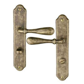 2 poignées de porte sur plaque CARINA, Verrou de condamnation pour salle de bain/WC, Finition laiton antique, Entraxe standard 195 mm
