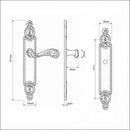 Schéma technique de poignées de porte sur plaque SULLY, Sans trou pour pièce à vivre, Finition laiton patiné aspect vieilli, Entraxe standard 195 mm