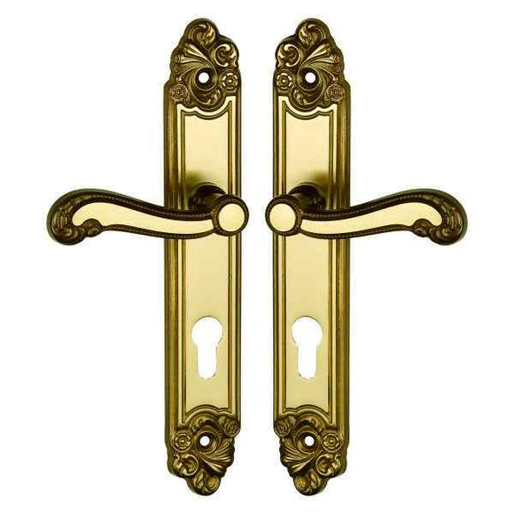 2 poignées de porte sur plaque LOUIS XV, Trou de cylindre - entrée - bureau, Finition zamak doré patiné, Entraxe standard 195 mm