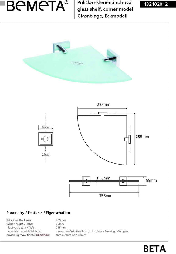 Etagère triangulaire d'angle BETA en verre 25,5x25,5x 5,5cm