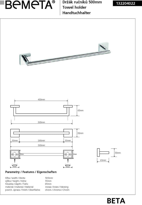 Porte-serviettes BETA en laiton chromé 50,5 x5,5 x 6,5 cm