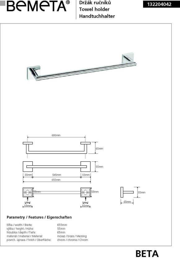 Porte-serviettes BETA en laiton chromé 65,5 x5,5 x 6,5 cm