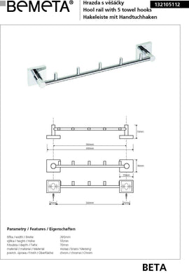 Patère murale à 5 crochets BETA en laiton chromé 39,5 x 5,5 x 7 cm