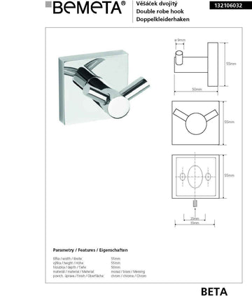 Patère double mural BETA en laiton chromé 5,5 cm x 5,5 cm x 5 cm
