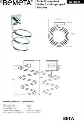 Support sèche-cheveux spiral mural BETA en laiton chromé 10 x18,5 x12,5 cm