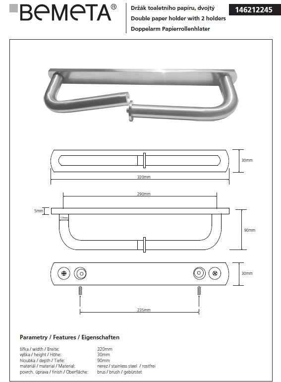 Dérouleur papier toilettes double NEO en acier inoxydable 32 x3 x9 cm