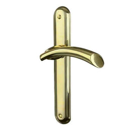 2 poignées de porte sur plaque TAMARA, Sans trou pour pièce à vivre, Finition laiton doré poli, Entraxe standard 195 mm