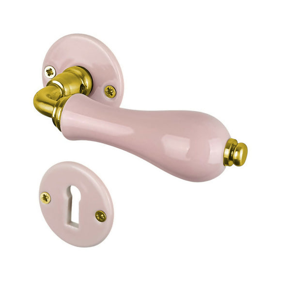 2 poignées sur rosaces rondes LIZON, Entrée de clé pour chambre, Porcelaine rose, Finition coude en Laiton poli doré