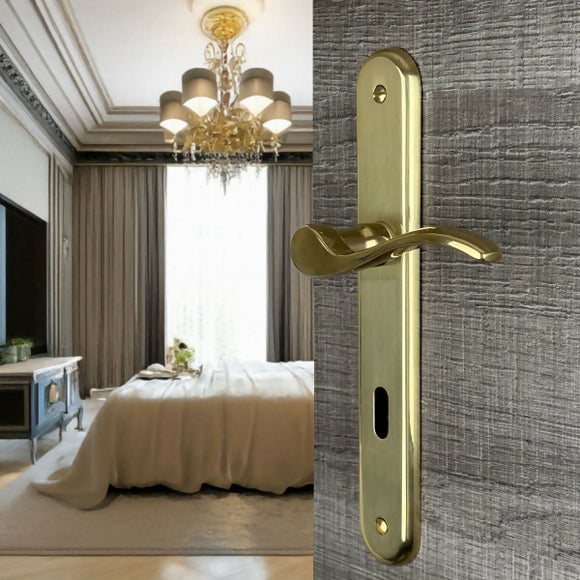 2 poignées de porte sur plaque AGATHE, Entrée de clé pour chambre, Finition laiton poli, Entraxe standard 195 mm
