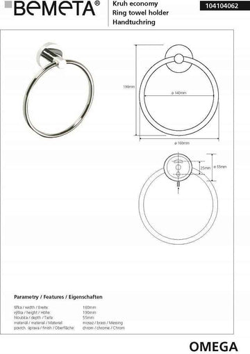 Anneau porte-serviette OMEGA laiton chromé 16x19x5,5cm