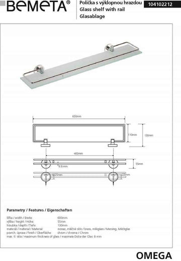 Etagère, tablette de douche murale avec rail OMEGA 60x5,5x13cm
