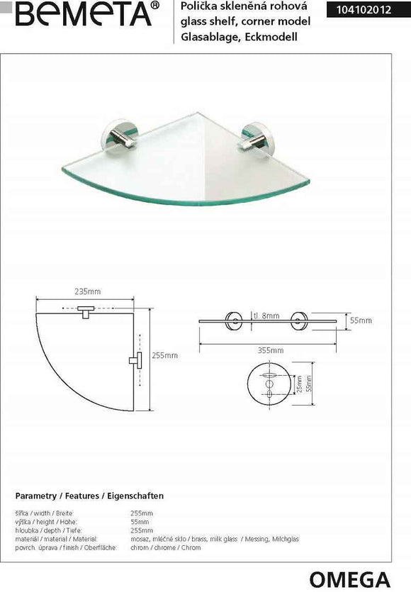 Etagère, tablette de coin en verre OMEGA 25,5x5,5x25,5cm