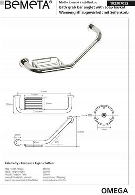 Barre de maintien coudée OMEGA avec porte savon 40x25x13cm
