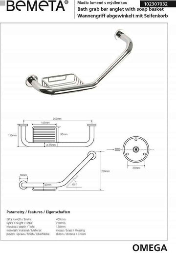 Barre de maintien coudée OMEGA avec porte savon 40x25x13cm