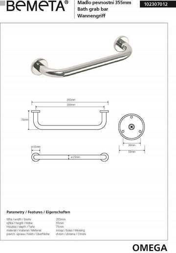 Barre de maintien de douche OMEGA laiton chromé 35,5x5,5x7,5cm