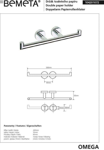 Dérouleur double papier toilette OMEGA laiton chromé 38,5x5,5x8,5cm