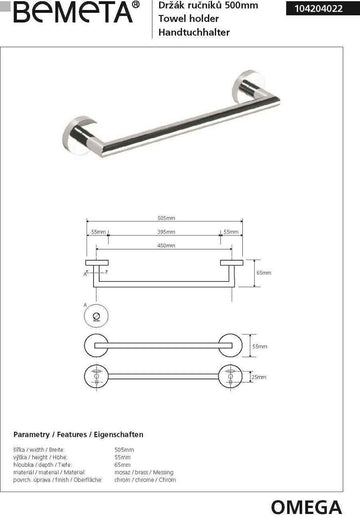 Porte-serviettes OMEGA en chrome 50,5x5,5x6,5cm