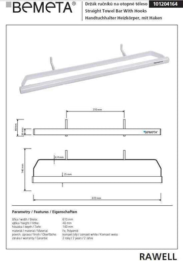 Porte-serviettes radiateur blanc RAWELL 61x4,8x14cm