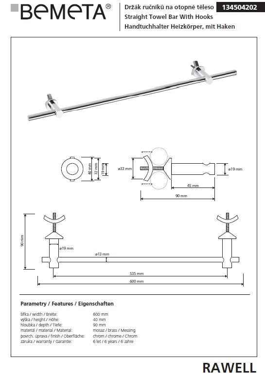 Porte-serviettes réglable RAWELL en laiton chromé pour radiateur 60x4x9 cm