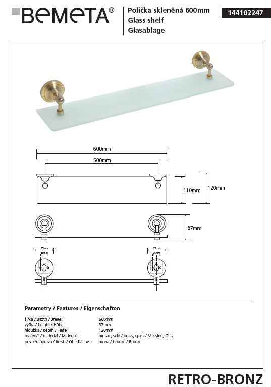 Etagère de douche RETRO en verre et laiton 60x8,7x12 cm