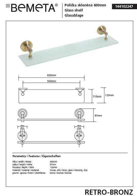 Etagère de douche RETRO en verre et laiton 60x8,7x12 cm