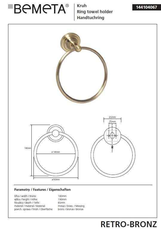 Anneau de serviette de douche RETRO en laiton bronze 16x19x6,5 cm