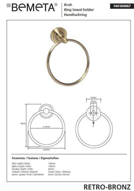 Anneau de serviette de douche RETRO en laiton bronze 16x19x6,5 cm