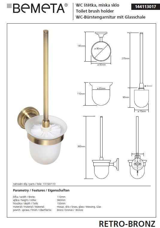 Goupillon de toilette mural en verre RETRO bronze 11x36x15cm