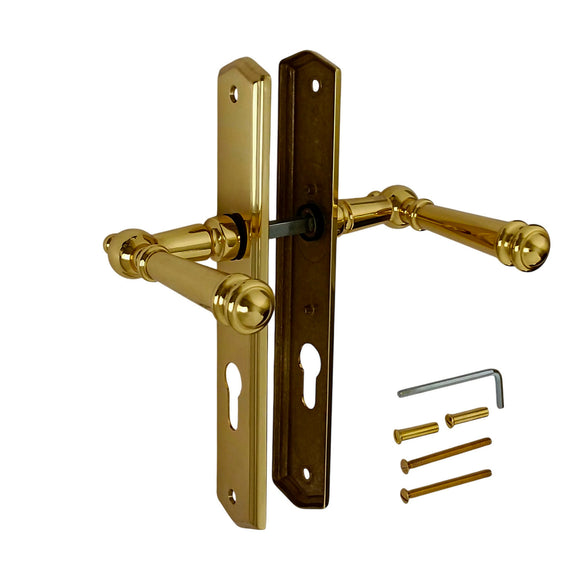 2 poignées de porte ATTILA, Trou de cylindre - entrée - bureau - service, Finition laiton poli doré, Entraxe standard 195 mm