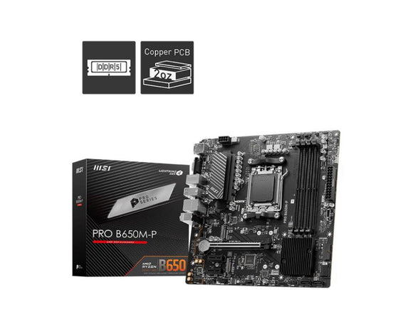 MSI PRO B650M-P,ATX, Socket AM5,AMD B650, 4xDDR5, Dual Channel DDR5 up to 7200+(OC)MHz,1x PCIe 4.0/3.0 x16 slot,2x M.2 slots,2x USB 3.2 Gen 2 (1x Type-C),2x USB 3.2 Gen 1,4x USB 2.0,1x HDMI,1x DP,2.5G LAN,7.1 Audio,3y warranty