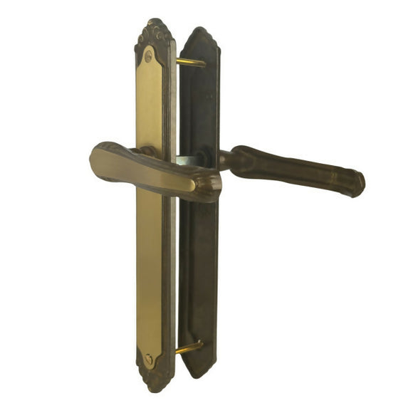 2 poignées de porte sur plaque ISABELLA, Sans trou pour pièce à vivre, Finition laiton patiné, Entraxe standard 195 mm
