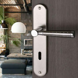 2 poignées de porte sur plaque CASUAL, Entrée de clé pour chambre, Finition aluminium nickel mat, Entraxe standard 195 mm
