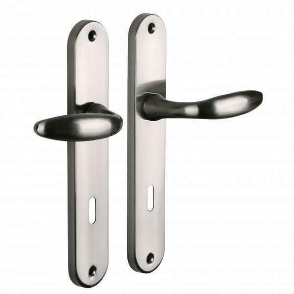 2 poignées de porte sur plaque CHAMBON, Entrée de clé pour chambre, Finition aluminium nickel mat, Entraxe standard 195 mm