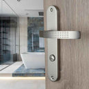 2 poignées de porte sur plaque AUDACE, Verrou condamnation pour salle de bain, Finition aluminium nickel mat, Entraxe standard 195 mm