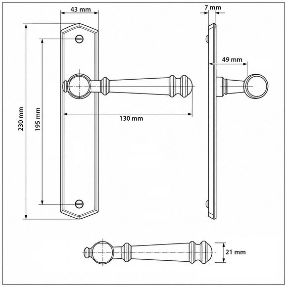 Schéma technique de 2 poignées de porte LUXOR, Sans trou pour pièce à vivre, Finition laiton poli doré, Entraxe standard 195 mm