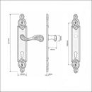 Schéma technique de 2 poignées de porte sur plaque SULLY, Trou de cylindre - entrée - bureau - service, Finition laiton patiné aspect vieilli, Entraxe standard 195 mm