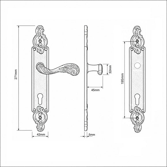 Schéma technique de 2 poignées de porte sur plaque SULLY, Trou de cylindre - entrée - bureau - service, Finition laiton patiné aspect vieilli, Entraxe standard 195 mm