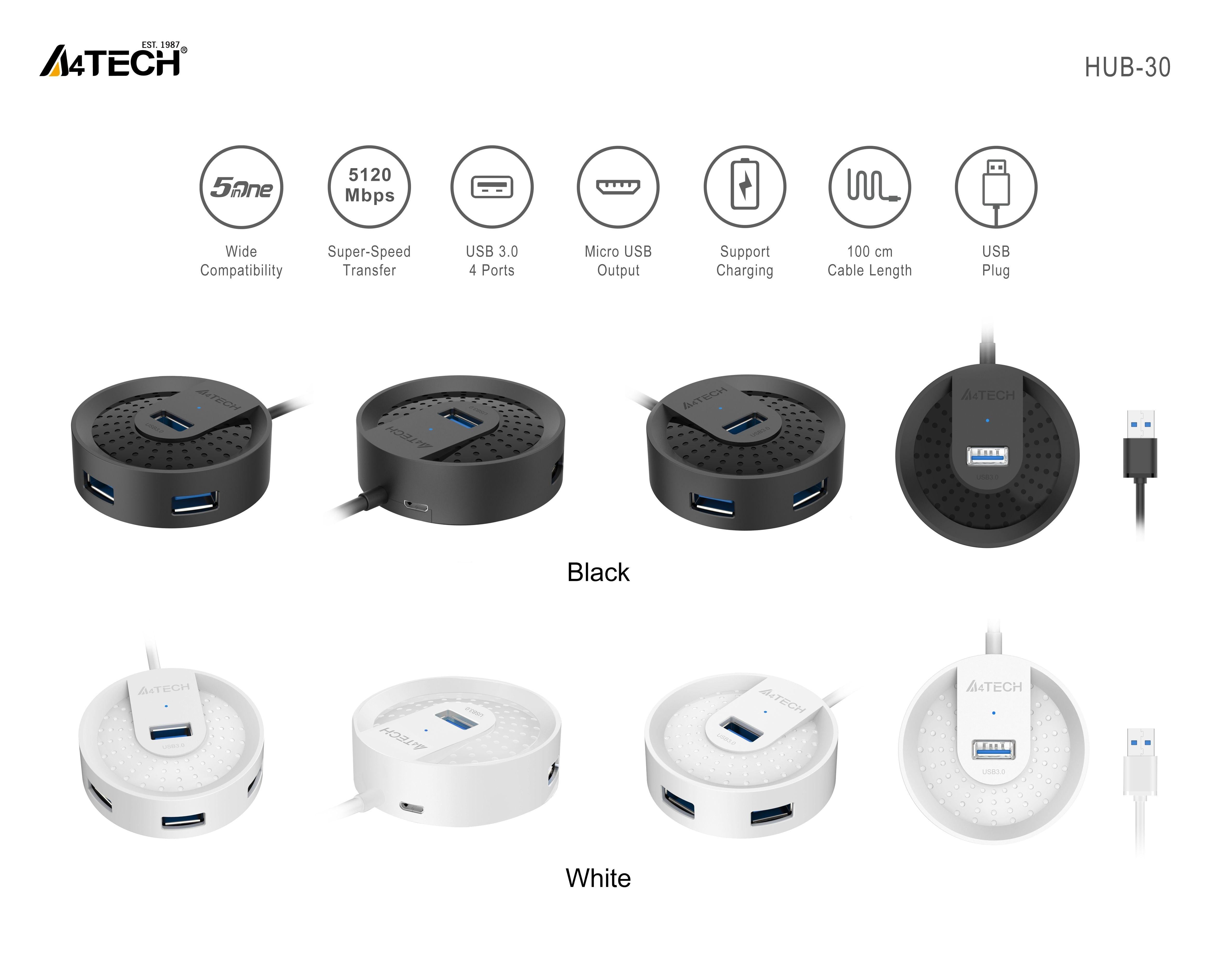 Hub externe a4tech ports usb-a : usb 3.0 x 4 connexion usb câble de 10 m noir  hub-30-bk  tampon vert 08 lei