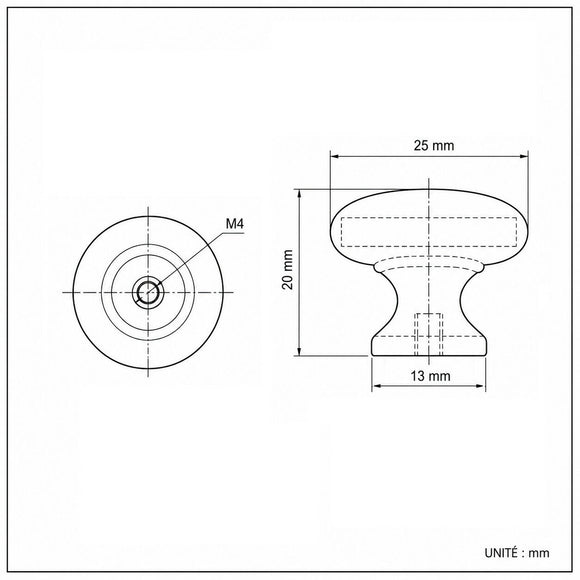 Schéma technique de Bouton de meuble ANTIQUAIRE, Finition zamak fer antique