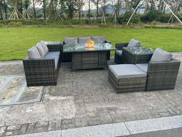 Fimous Mobilier De Jardin En Rotin Extérieur Foyer Au Gaz Table À Manger Set Chauffage Au Gaz Chaise Longue Table D'appoint Gris Foncé Mixte 9 Places