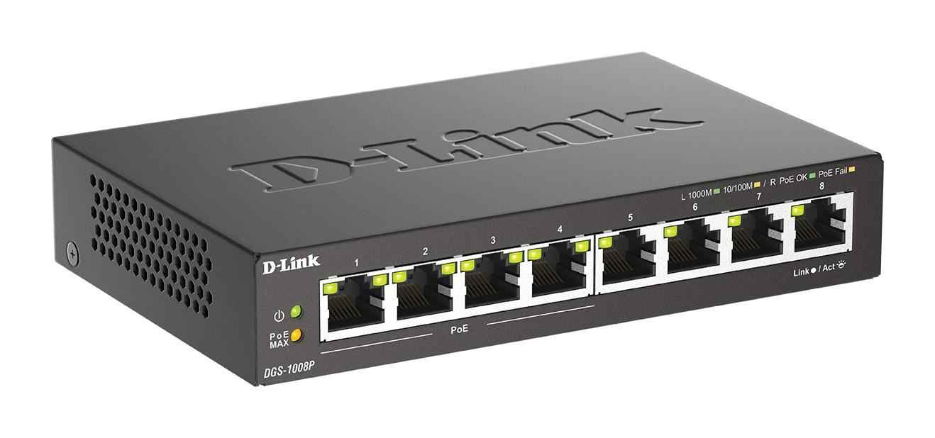 D-Link | Commutateur Gigabit PoE 8 ports (4xPoE) | DGS-1008P | Non géré | Bureau | Alimentation externe