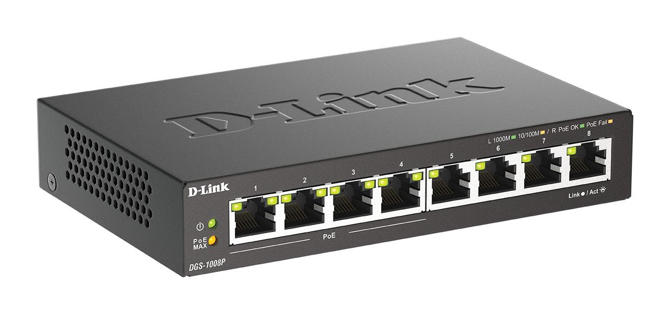 D-Link | Commutateur Gigabit PoE 8 ports (4xPoE) | DGS-1008P | Non géré | Bureau | Alimentation externe