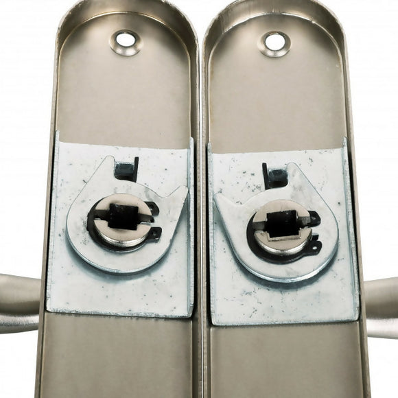 2 poignées de porte sur plaque CHAMBON, Entrée de clé pour chambre, Finition aluminium nickel mat, Entraxe standard 195 mm