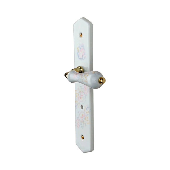 2 poignées de porte ROSAE, Verrou de condamnation pour salles de bain/WC, Porcelaine de Limoges, Finition coude doré, Entraxe standard 195 mm