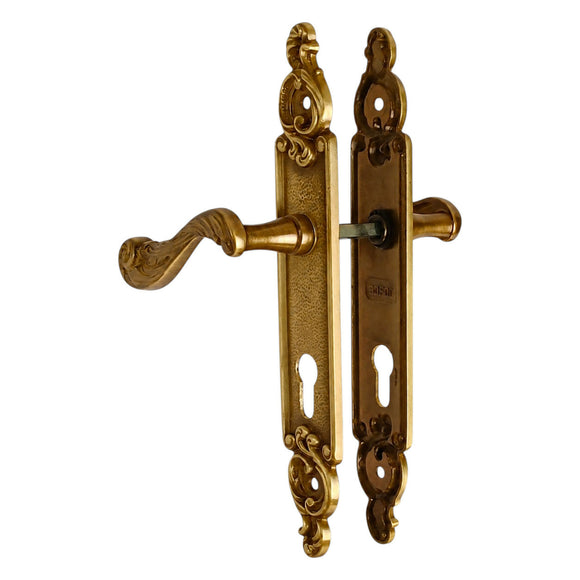 2 poignées de porte sur plaque SULLY, Trou de cylindre - entrée - bureau - service, Finition laiton patiné aspect vieilli, Entraxe standard 195 mm