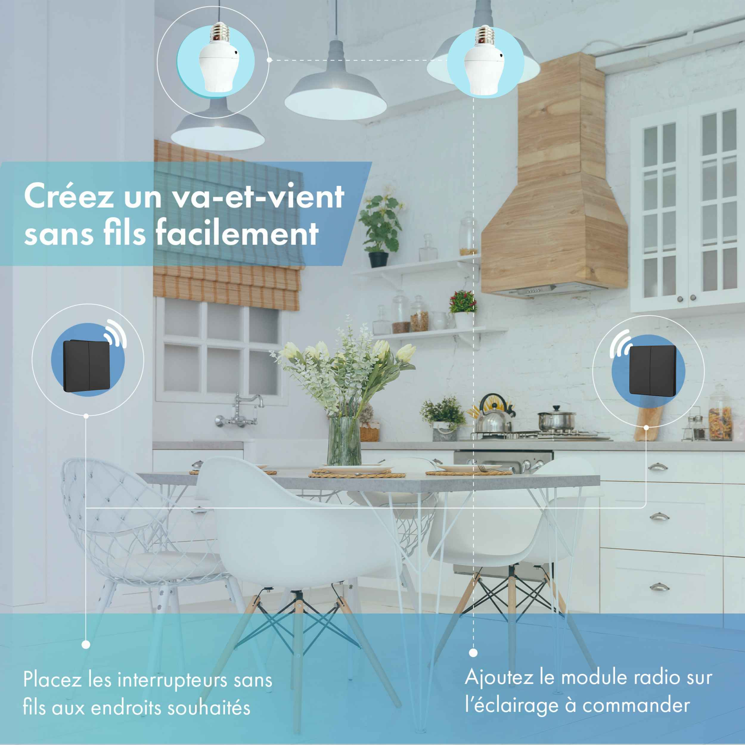 Kit interrupteur sans fil et sans pile - Bouton Double Allumage et Adaptateur douille à vis radio - OXYGEN 42 – E27 Black