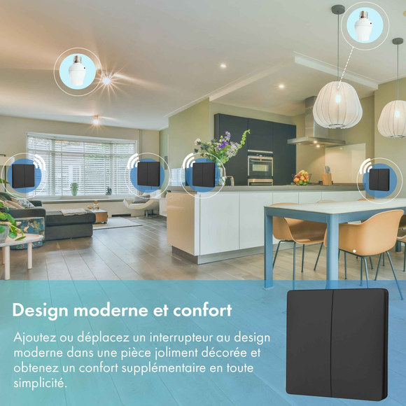Kit interrupteur sans fil et sans pile - Bouton Double Allumage et Adaptateur douille à vis radio - OXYGEN 62 – E27 Black