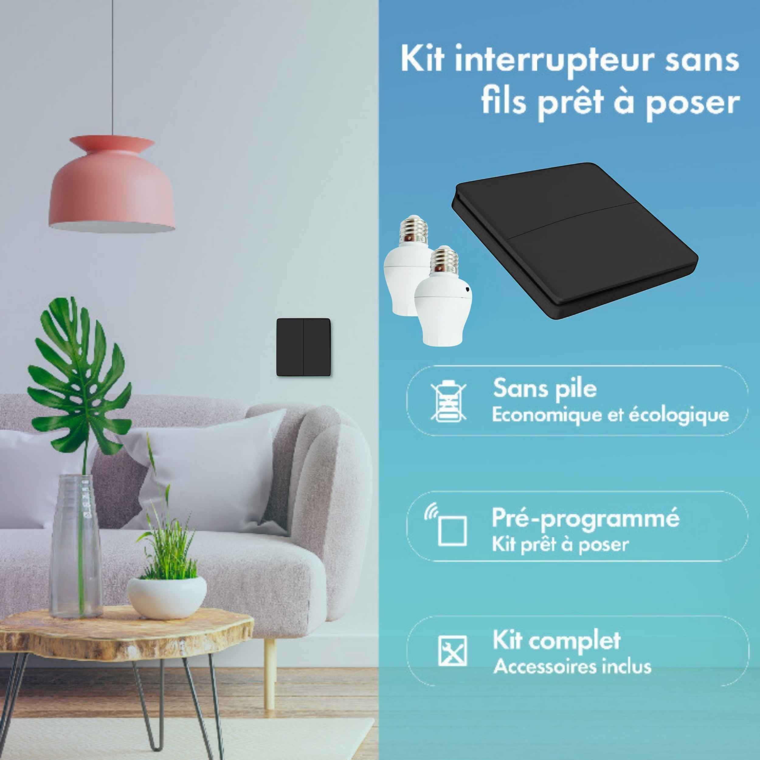 Kit interrupteur sans fil et sans pile - Bouton Double Allumage et Adaptateur douille à vis radio - OXYGEN 42 – E27 Black