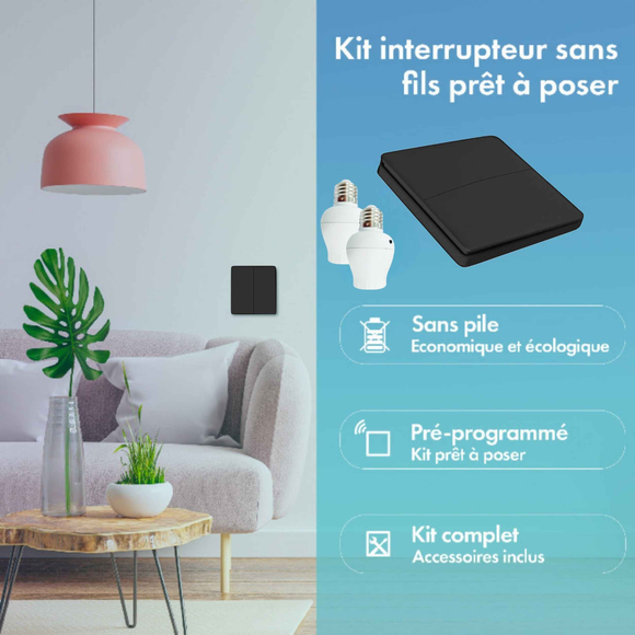 Kit interrupteur sans fil et sans pile - Bouton Double Allumage et Adaptateur douille à vis radio - OXYGEN 12 – E27 Black