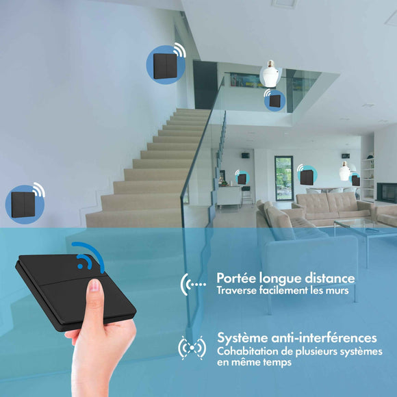 Kit interrupteur sans fil et sans pile - Bouton Double Allumage et Adaptateur douille à vis radio - OXYGEN 62 – E27 Black